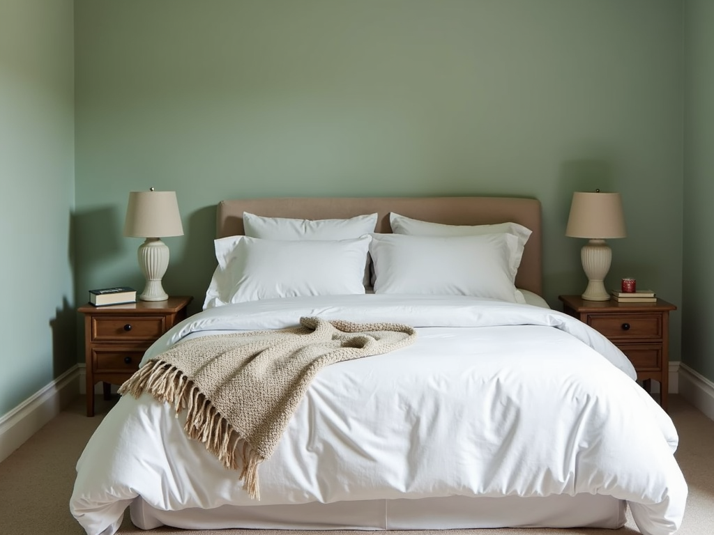 Ein gemütliches Schlafzimmer in sanften Grüntönen mit natürlichen Materialien.