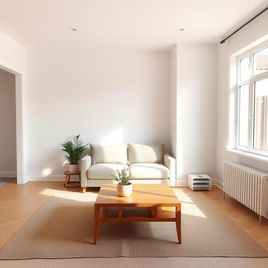 Ein gemütliches, minimalistisches Wohnzimmer mit neutraler Farbpalette, einem einfachen Sofa, einem kleinen Holztisch und einer einzelnen Topfpflanze, beleuchtet durch ein großes Fenster.