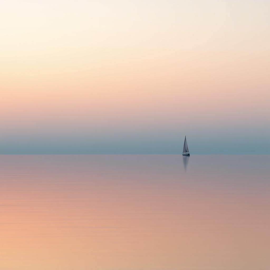 Minimalistisches Foto eines Meeres bei Dämmerung mit einem einzelnen Segelboot am Horizont