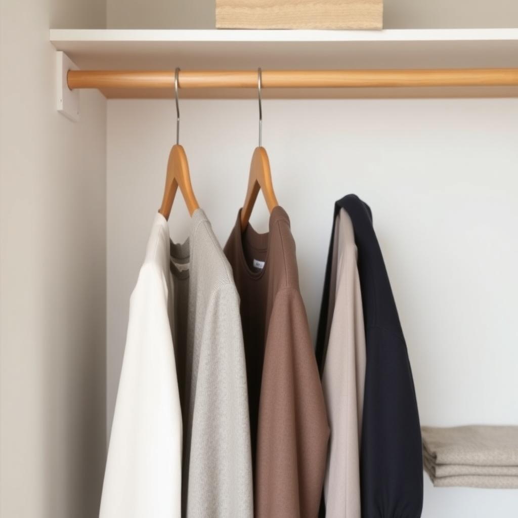 Ein ordentlich organisierter, minimalistischer Kleiderschrank mit wenigen hochwertigen Kleidungsstücken auf Holzbügeln und einer kleinen, gestapelten Auswahl an Pullovern.