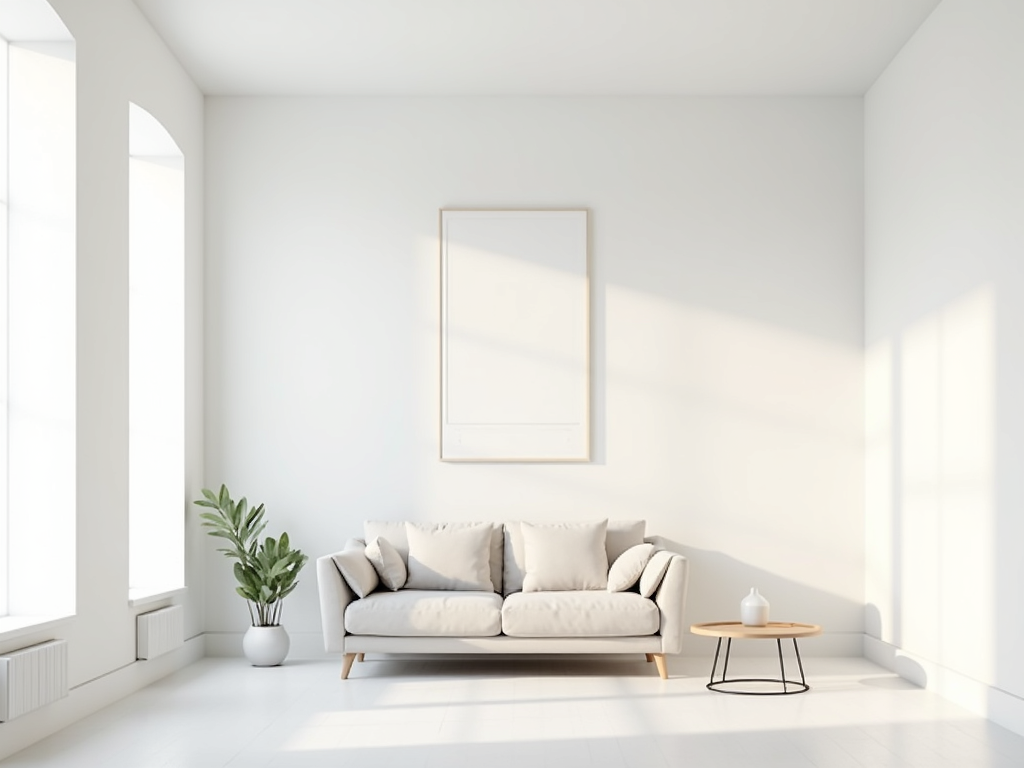 Ein minimalistisches Wohnzimmer, das Ruhe und Klarheit ausstrahlt