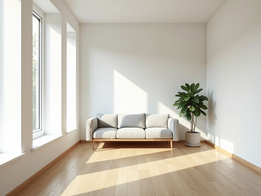 Ein helles minimalistisches Wohnzimmer mit weißen Wänden, einem einfachen Holzboden, einem niedrigen Sofa, einer kleinen Pflanze und großen Fenstern, die natürliches Licht hereinlassen.