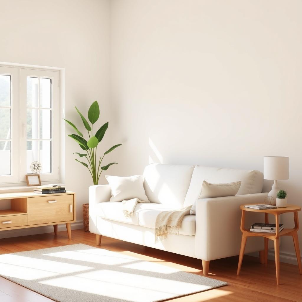 Ein gemütliches, minimalistisches Wohnzimmer mit hellen Holzmöbeln, ordentlichen Büchern auf einem Regal, einem weißen Sofa mit einer Decke und einer Topfpflanze in der Ecke.