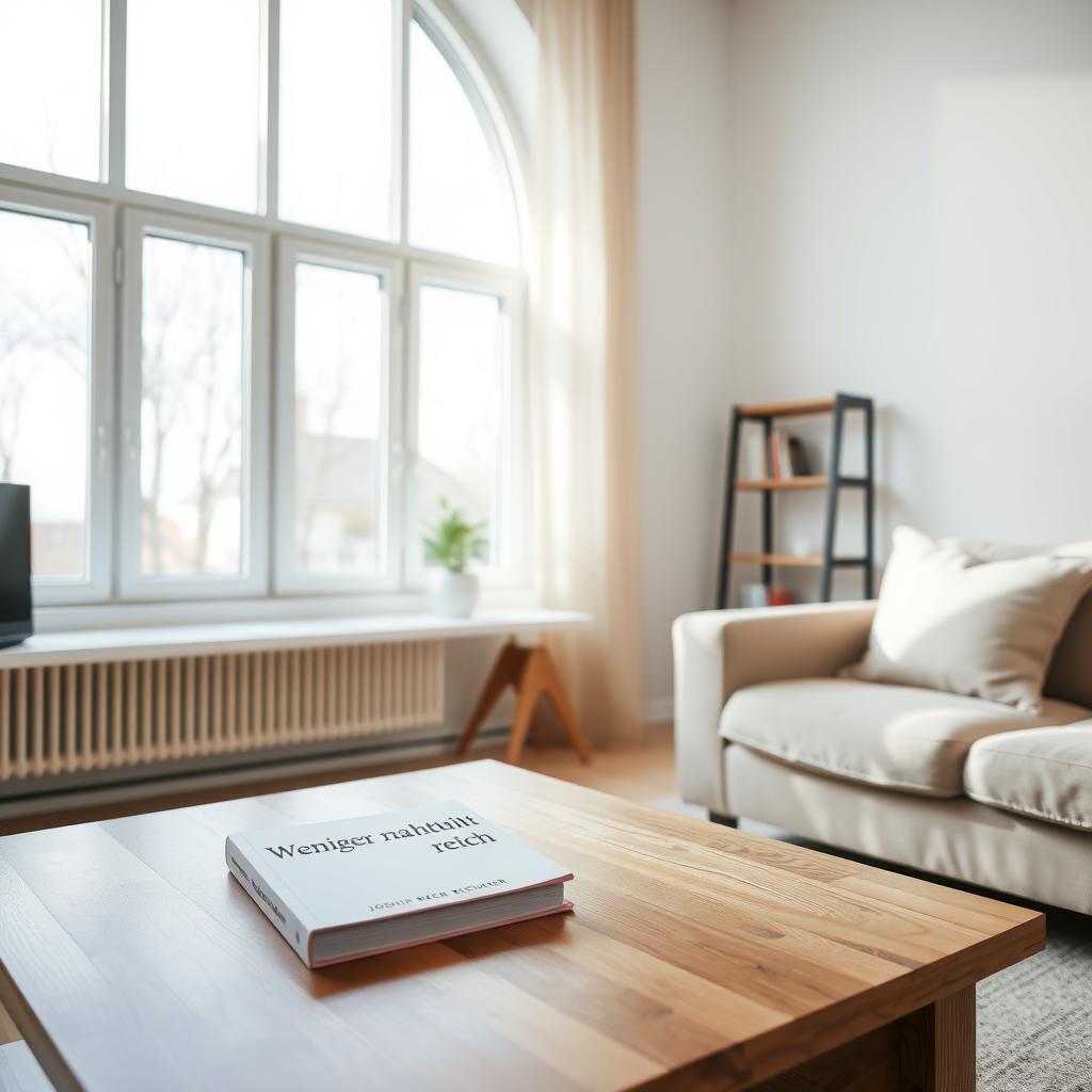 Ein aufgeräumtes Wohnzimmer mit einem Buch von Joshua Becker auf dem Tisch