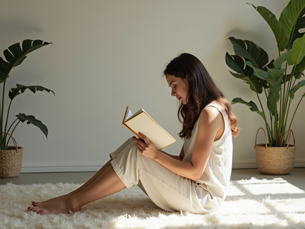 Eine Person liest entspannt ein Buch in einer minimalistischen Umgebung, umgeben von Natur.
