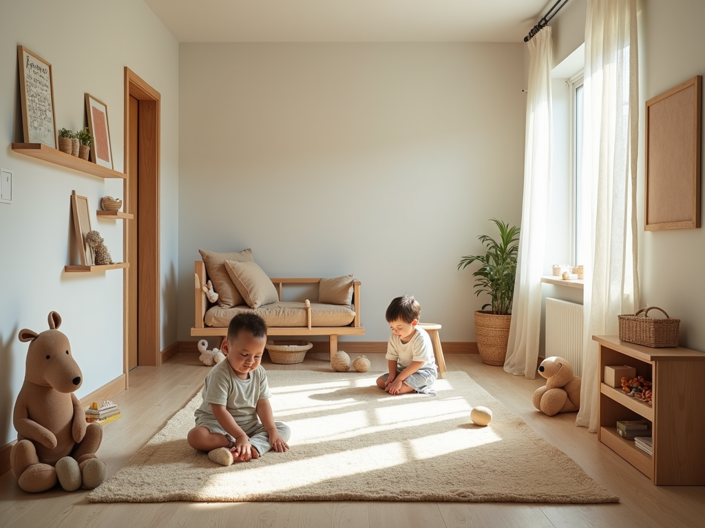 Ein aufgeräumtes Kinderzimmer mit wenigen, ausgewählten Spielzeugen und viel Platz zum Spielen.