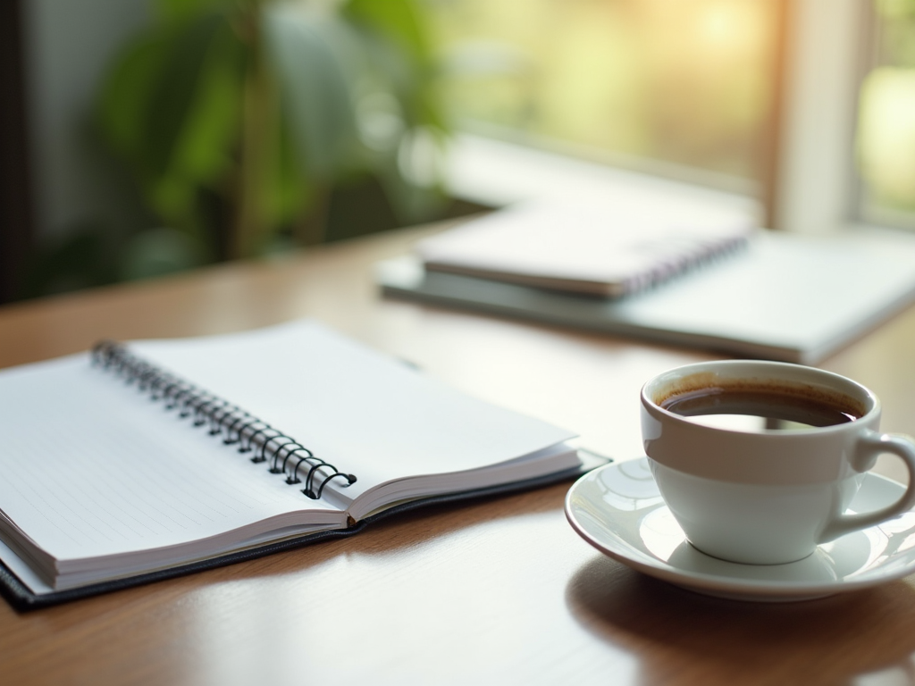Ein ruhiger Arbeitsplatz mit einem einfachen Schreibtisch, einem Notizbuch und einer Tasse Kaffee, beleuchtet von sanftem Tageslicht.