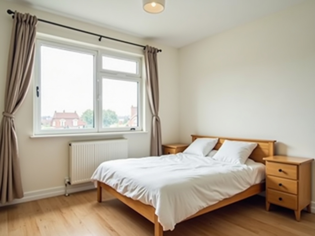 Ein aufgeräumtes Schlafzimmer mit einem Bett, einem Nachtkästchen und einer kleinen Kommode, das ruhig und geräumig wirkt.
