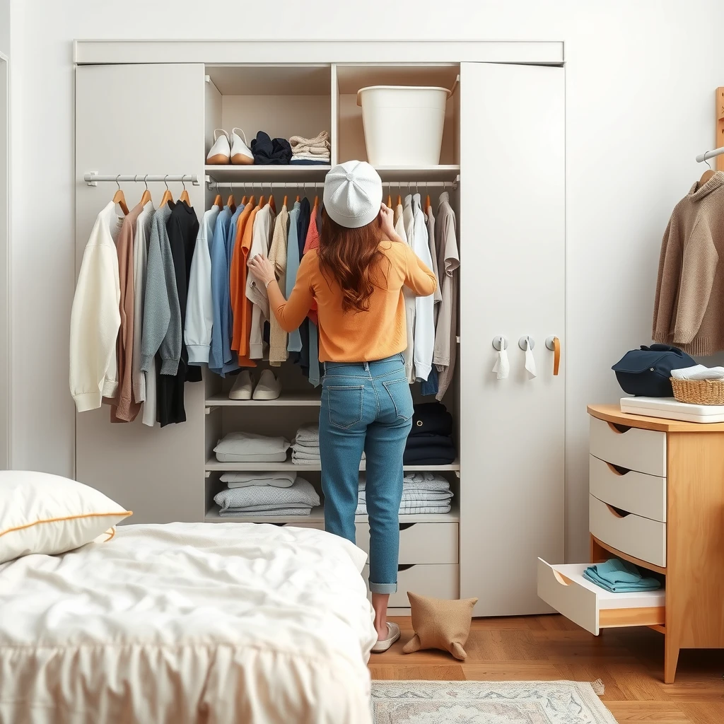 Person sortiert Kleiderschrank aus und faltet Kleidung nach KonMari-Methode in einem minimalistischen Schlafzimmer
