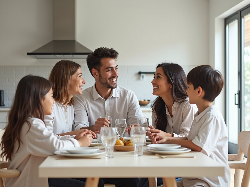 Eine Familie sitzt in einer minimalistischen Küche am Esstisch