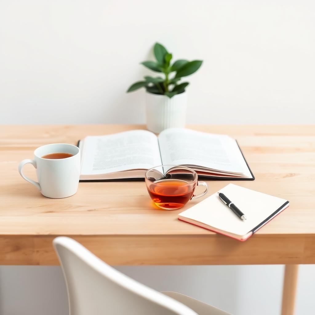 Aufgeräumter Schreibtisch mit einem offenen Buch, einer Teetasse und einem Notizbuch.