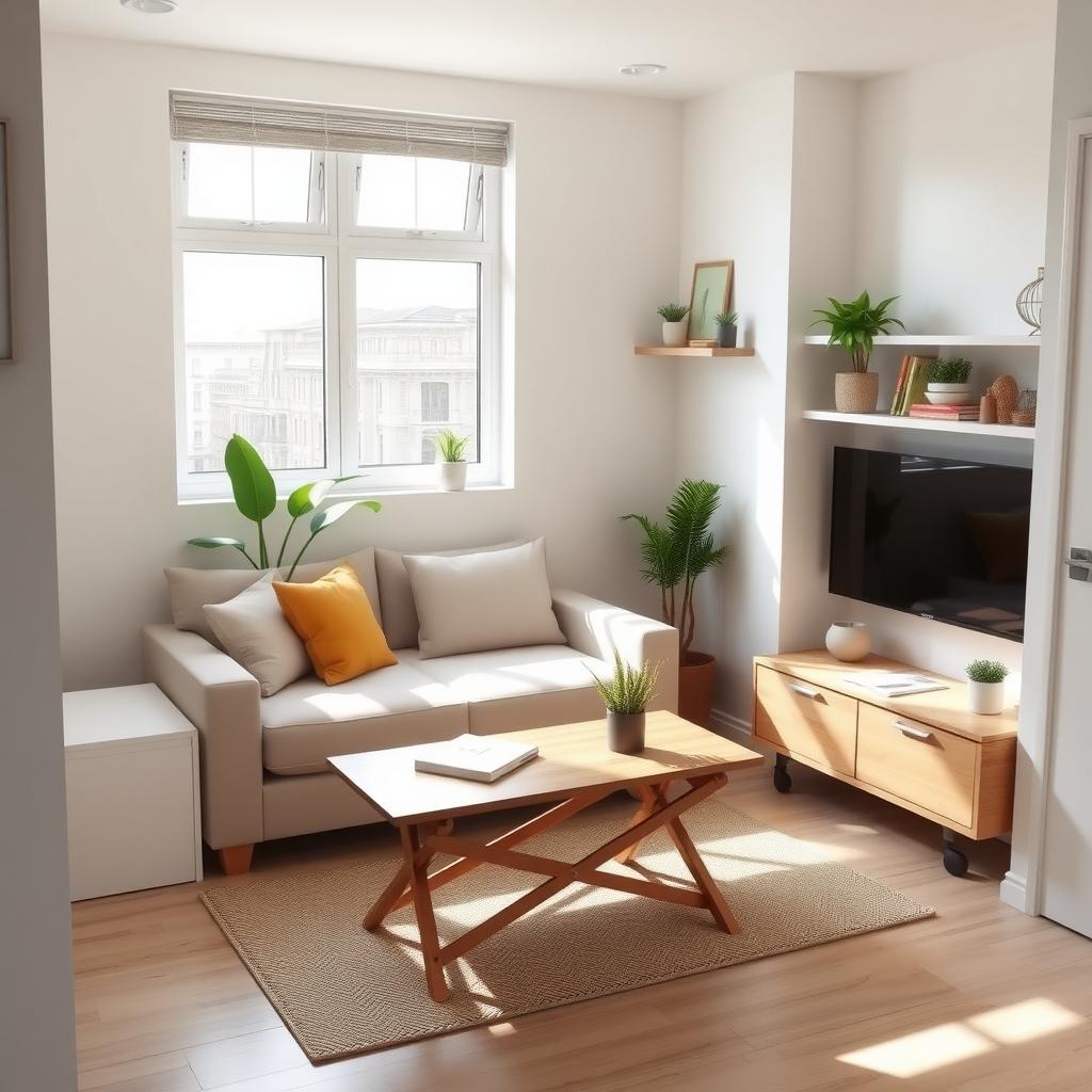 Gemütliches kleines Wohnzimmer mit multifunktionalem Schlafsofa, klappbarem Couchtisch und eingebauten Regalen in neutralen Farben.