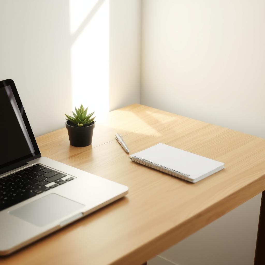 Ein minimalistischer Schreibtisch mit Laptop, Notizbuch, Stift und einer kleinen Sukkulente, beleuchtet von weichem Sonnenlicht.