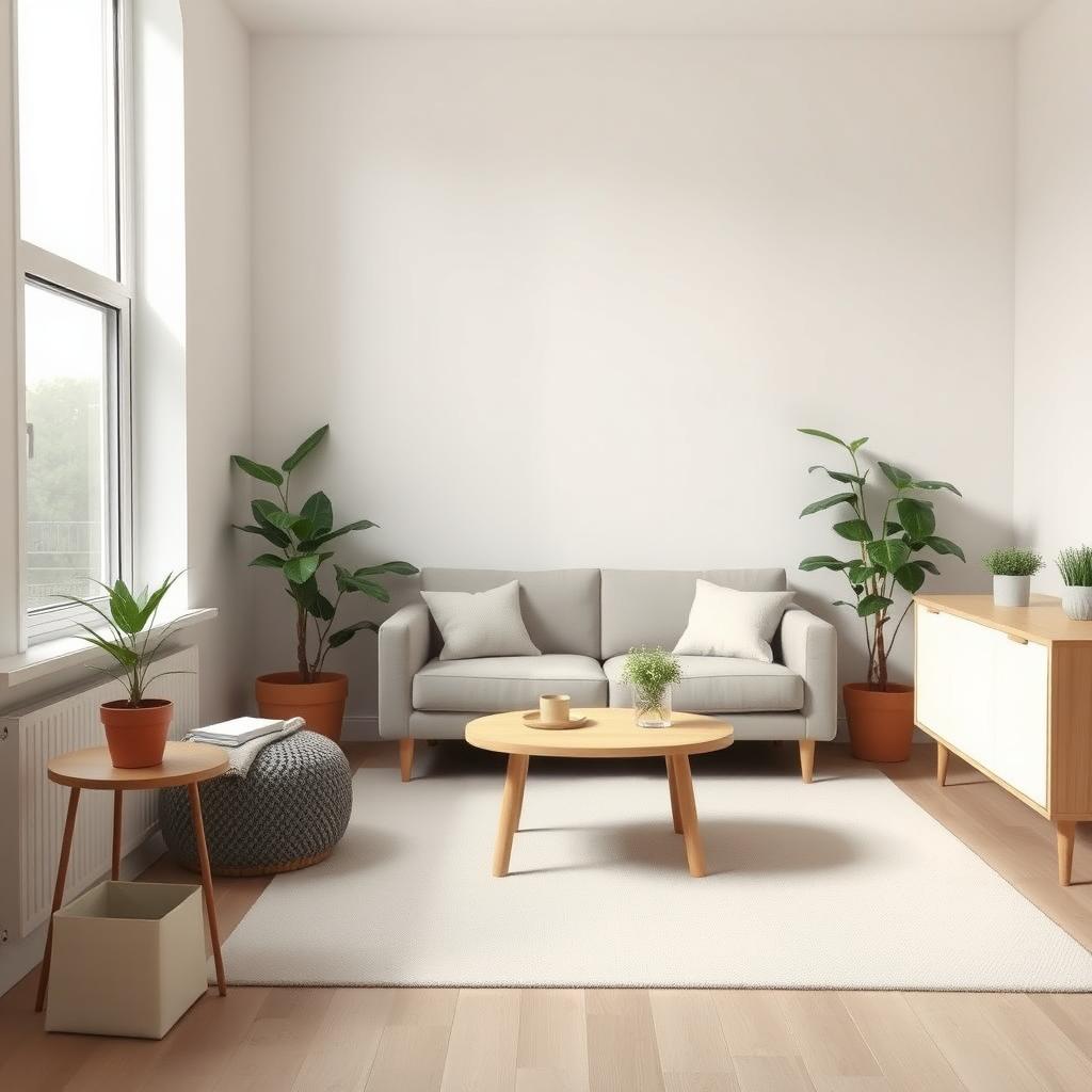 Ein minimalistisches Wohnzimmer mit neutralen Farben, einem Sofa, einem kleinen Holztisch und wenigen Pflanzen, beleuchtet durch ein großes Fenster.