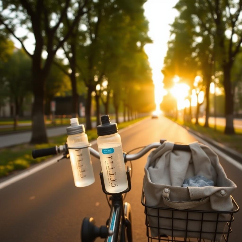 Person auf einem Fahrrad mit Stofftasche und Wasserflasche auf einem baumgesäumten Stadtweg