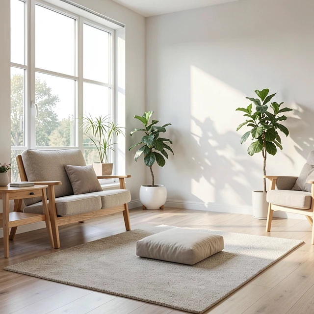 Minimalistisch eingerichtetes Wohnzimmer mit natürlichem Licht und klaren Linien