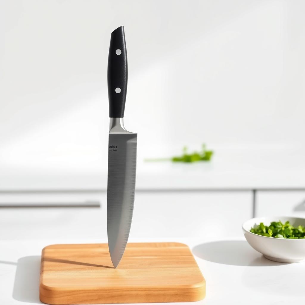 Eine ordentlich organisierte, minimalistische Küchenarbeitsplatte mit einem hochwertigen Kochmesser, einem Holzschneidebrett, einer kleinen Keramikschale mit frischen Kräutern und einem sauberen weißen Hintergrund.