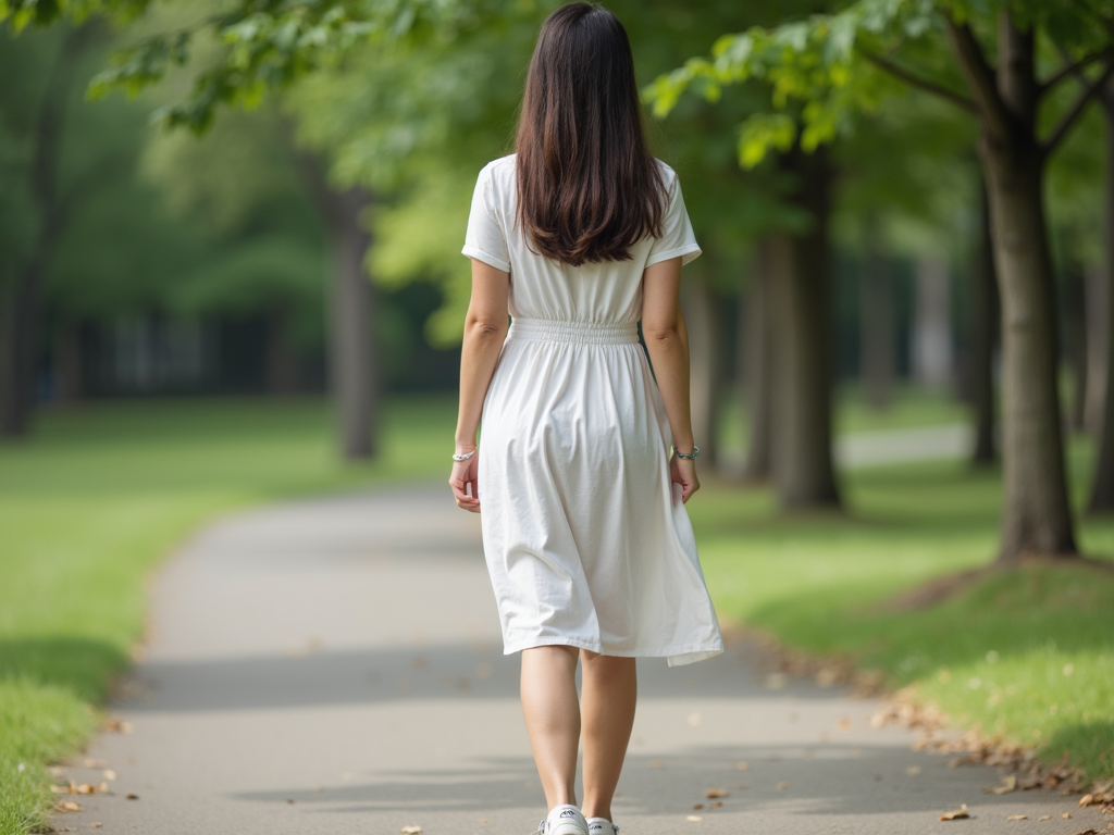 Person in schlichtem Kleid und Sneakers.