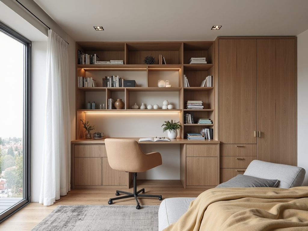 Eine kleine Einzimmerwohnung mit multifunktionalen Möbeln und vertikalen Stauraumlösungen.