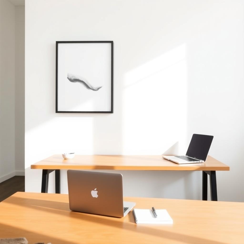 Ein minimalistisches Homeoffice mit einem schlichten Holztisch, einem Laptop, einem Notizbuch und einem Stift, vor einer weißen Wand mit einem abstrakten Schwarz-Weiß-Kunstwerk.