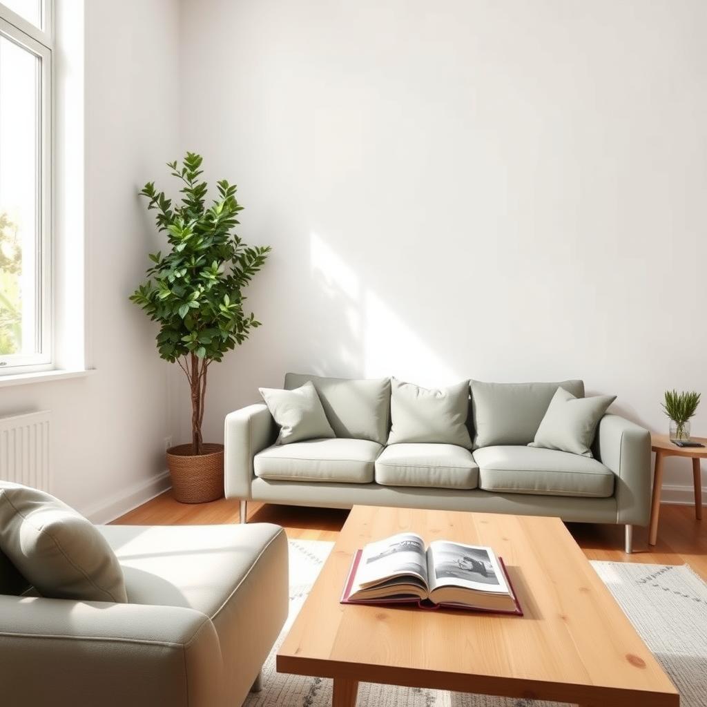 Minimalistisches Wohnzimmer mit Sofa und Pflanze.