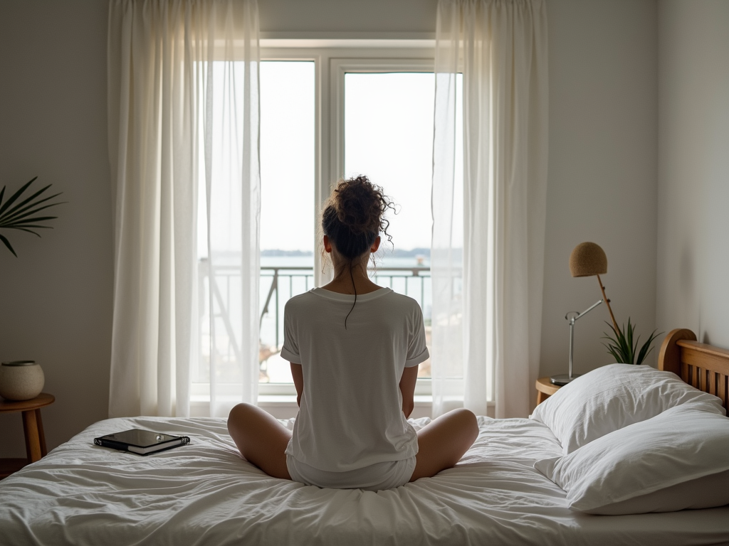 Person auf minimalistischem Bett mit Blick aus dem Fenster