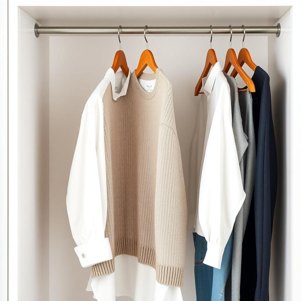 Ein minimalistischer Kleiderschrank mit hochwertiger Kleidung an Holzbügeln.
