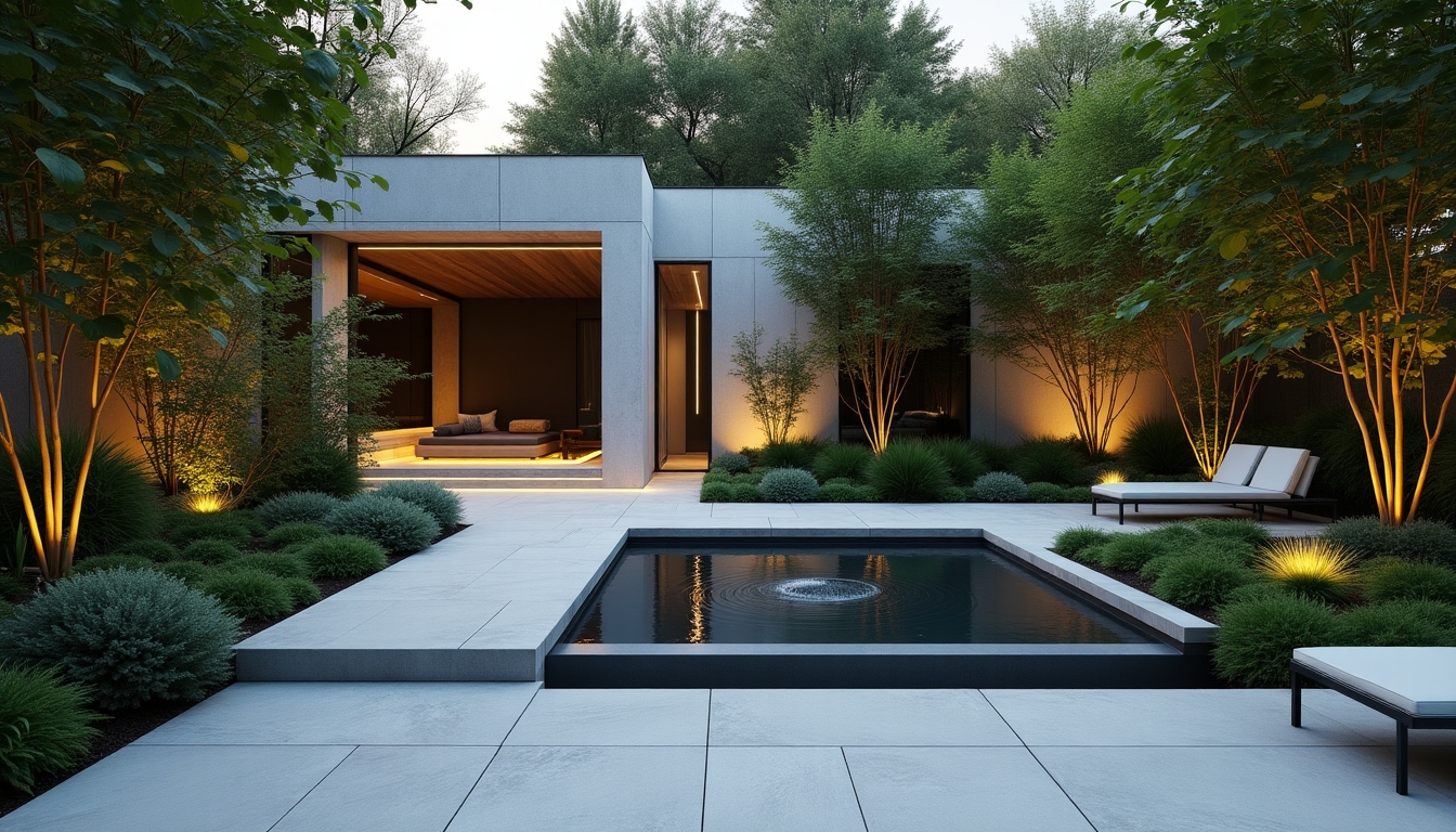 Ein moderner minimalistischer Garten mit Wassermerkmalen und geometrischen Formen.