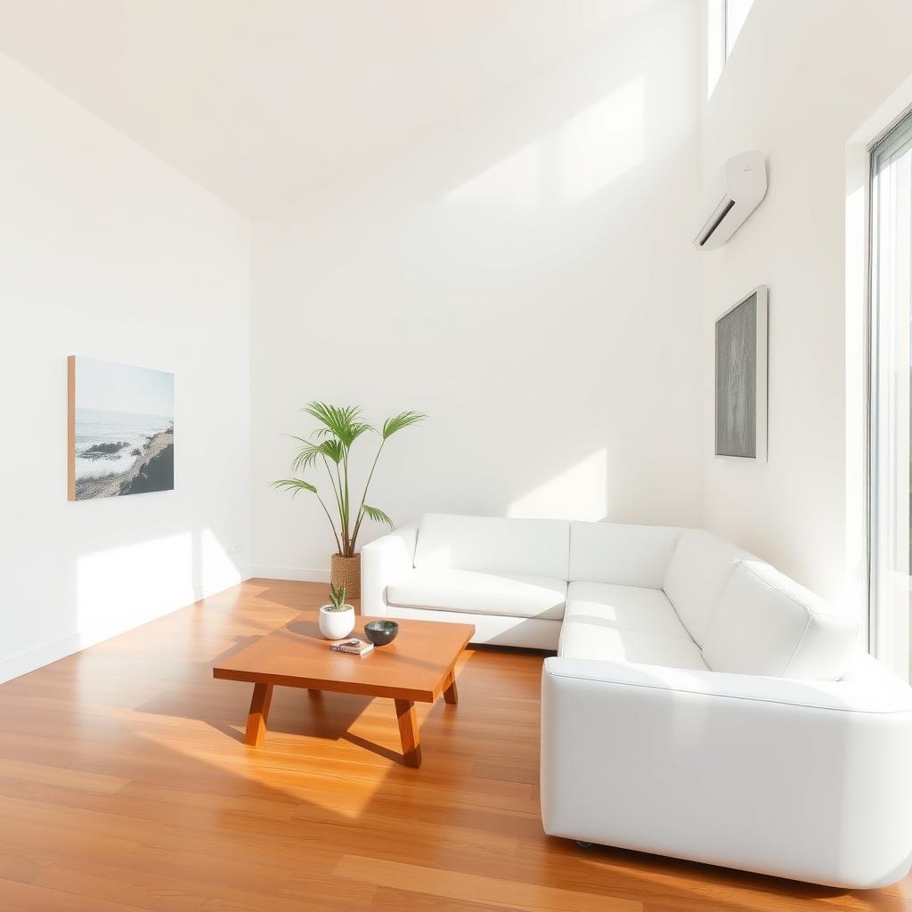 Minimalistisches Wohnzimmer mit weißem Sofa, Holztisch und einer Pflanze