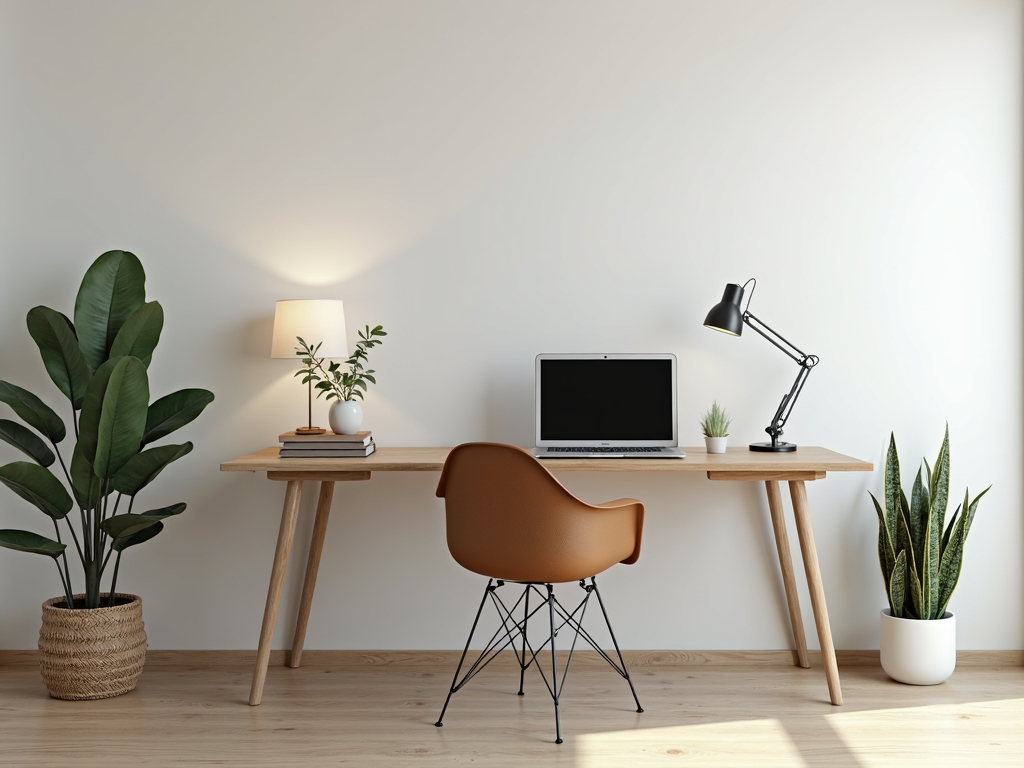 Ein minimalistisches Homeoffice mit einem schlanken Schreibtisch, einem bequemen Stuhl und wenigen wesentlichen Gegenständen.