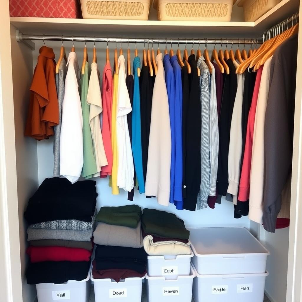 Ein ordentlich organisierter Kleiderschrank mit farblich sortierten Kleidern auf Holzbügeln, gestapelten Pullovern auf Regalen und beschrifteten Aufbewahrungsboxen.