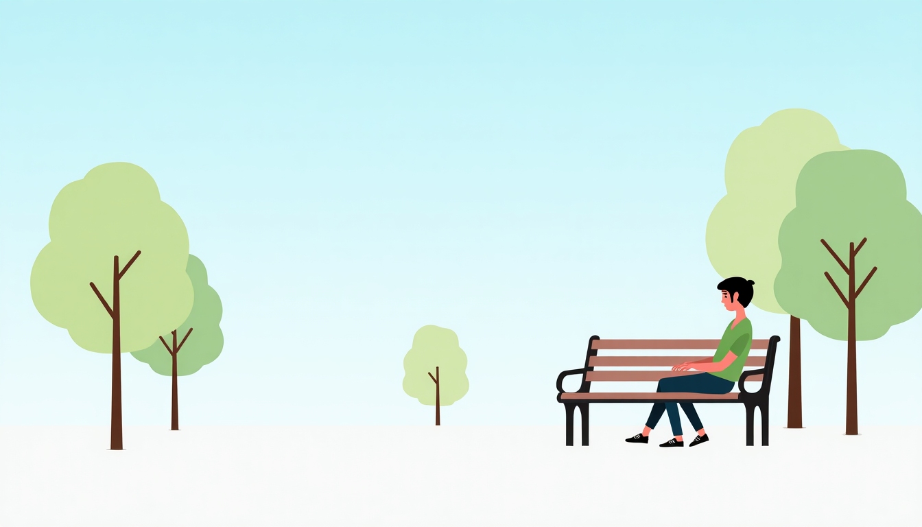 Eine Person sitzt friedlich auf einer Bank in einem minimalistischen Park, mit nur wenigen Bäumen und einem klaren blauen Himmel