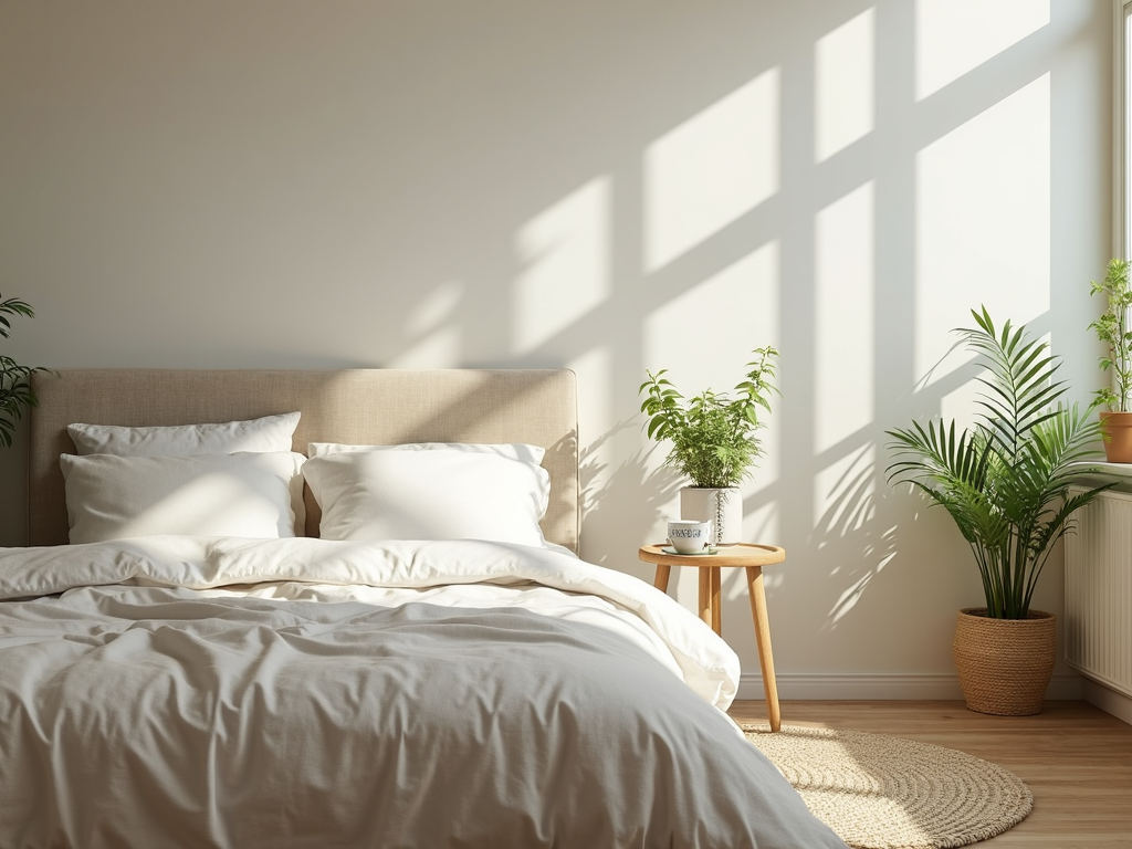 Schlafzimmer mit natürlicher Bettwäsche und Pflanzen