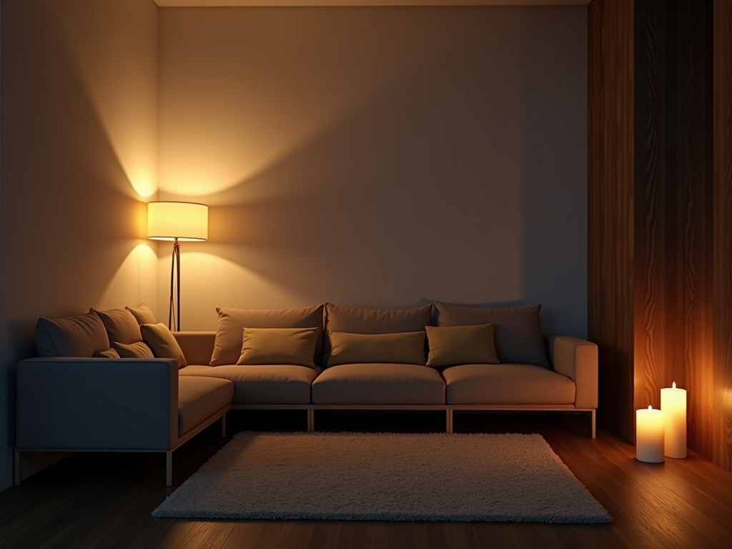 Ein minimalistisches Wohnzimmer bei Nacht, mit weichem, warmem Licht von einer Stehlampe und ein paar Kerzen. Der Raum sollte gemütlich und einladend wirken, mit einem Fokus auf den Texturen der Möbel und den Schatten, die das Licht wirft. Das Bild sollte ein Gefühl von Frieden und Ruhe vermitteln.