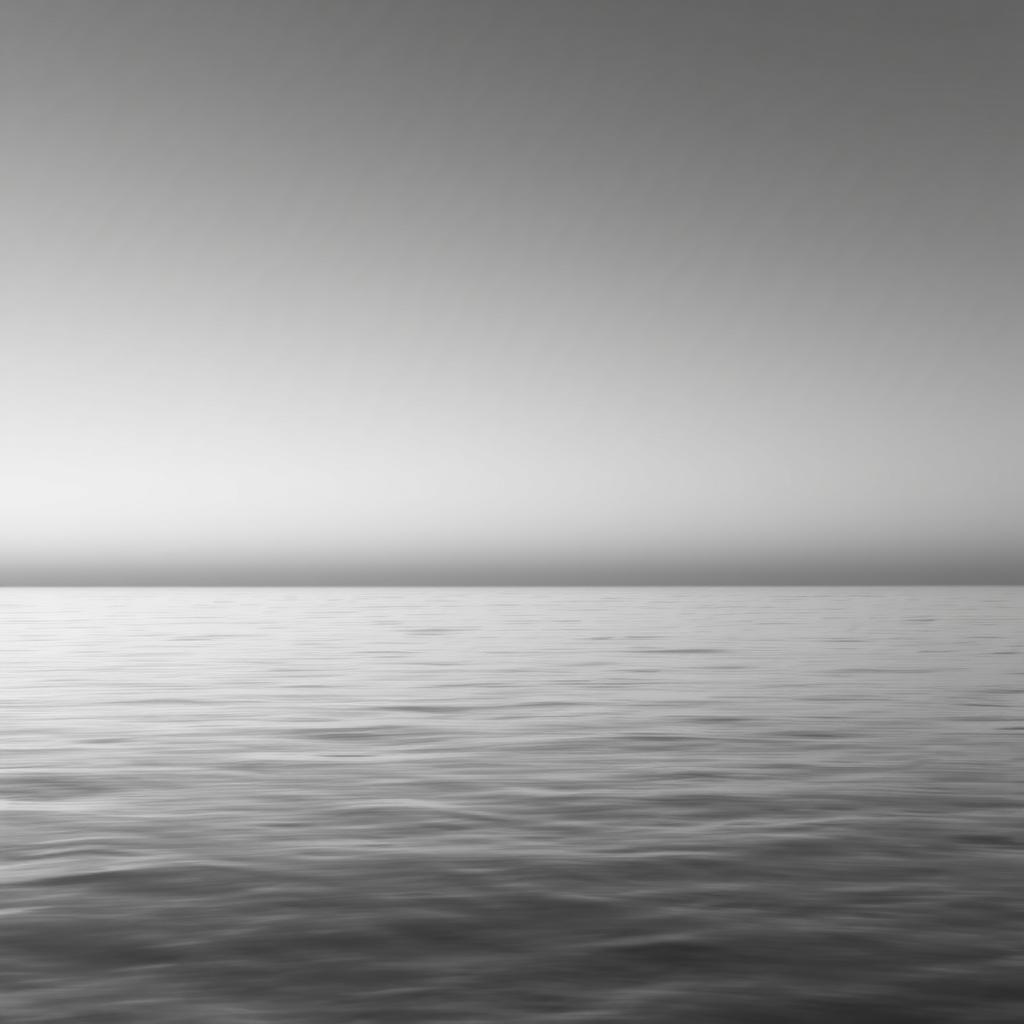 Schwarz-weißes Foto eines ruhigen Meeres bei Dämmerung, mit einem minimalistischen Horizont, der Meer und Himmel verbindet.
