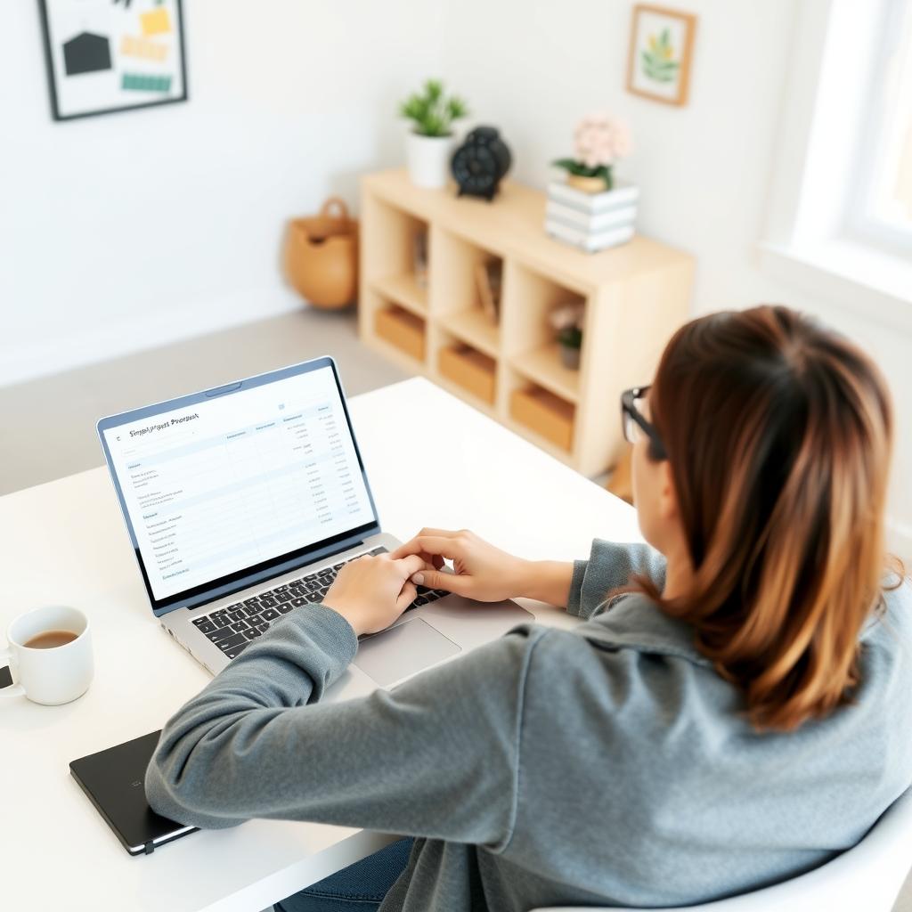 Eine Person sitzt an einem aufgeräumten Schreibtisch mit einem Laptop und überprüft ein Budget in einer minimalistischen Umgebung.