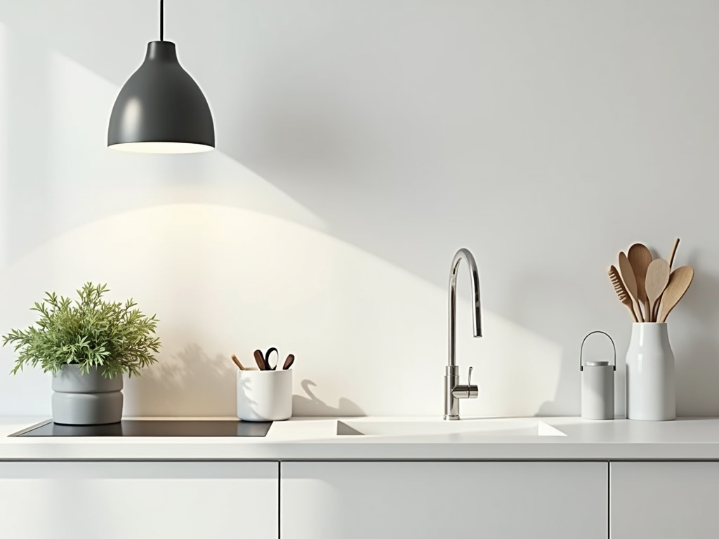 Eine minimalistische Küche mit einer schlichten weißen Arbeitsplatte, wenigen ordentlich arrangierten Utensilien und einer Kräuterpflanze im Topf, beleuchtet von einer modernen Lampe.