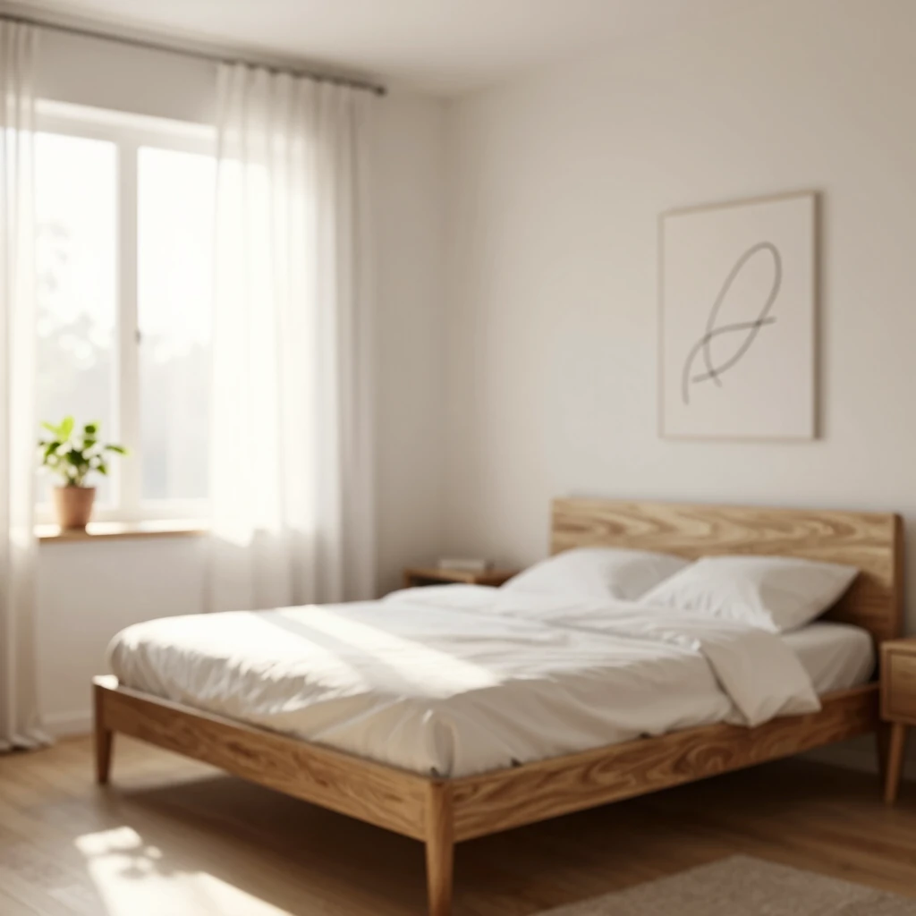 Minimalistisches Schlafzimmer bei Sonnenaufgang, Symbol für Ruhe und Einfachheit