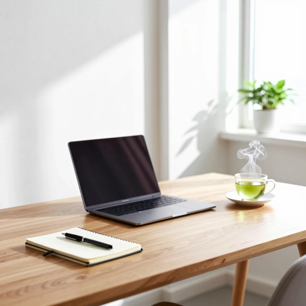 Minimalistischer Arbeitsplatz mit Laptop und Tee für fokussiertes Arbeiten