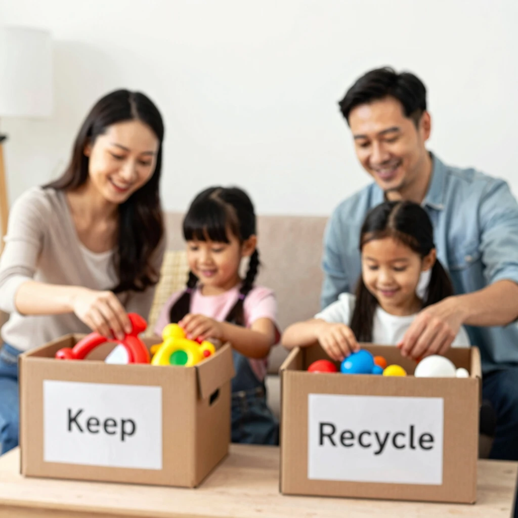 Eine Familie beim Ausmisten von Spielzeug