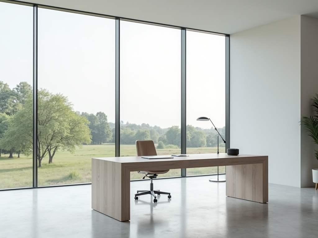 Minimalistischer Büroraum mit einem schlichten Schreibtisch und großen Fenstern