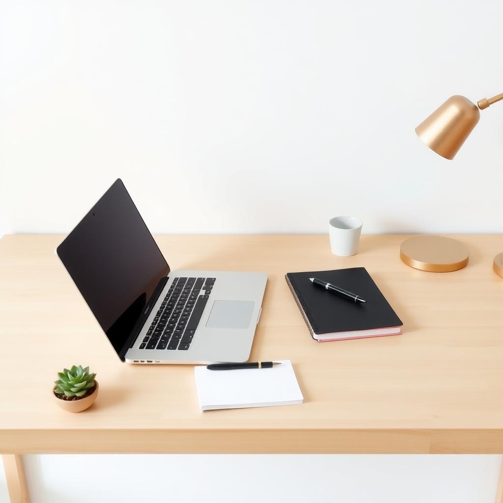 Ein aufgeräumter minimalistischer Schreibtisch mit einem Laptop, einem Notizbuch, einem Stift und einer kleinen Sukkulente, vor einer weißen Wand.