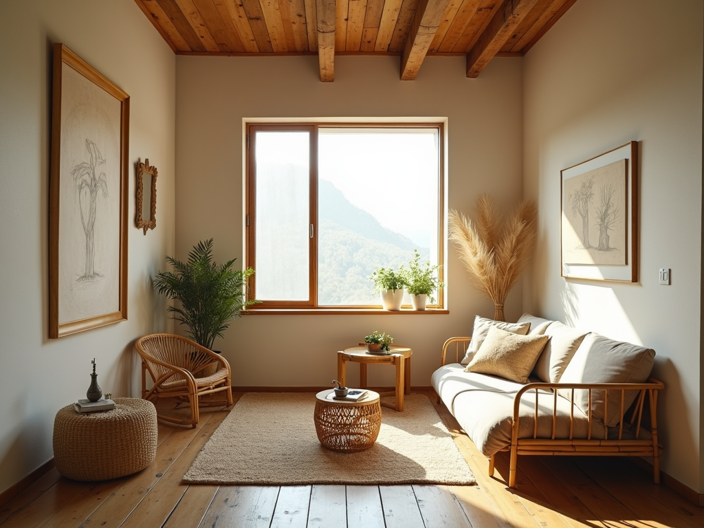 Ein kleines, minimalistisches Interieur mit Bambusmöbeln und Böden aus reclaimed Wood, durchflutet von natürlichem Licht aus einem großen Fenster.