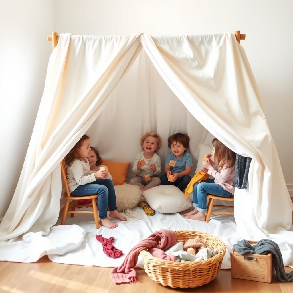 Kinder bauen eine Höhle aus weißen Laken über Holzstühlen in einem minimalistischen Raum, mit bunten Kissen und Holzklötzen, bei sanftem natürlichem Licht.