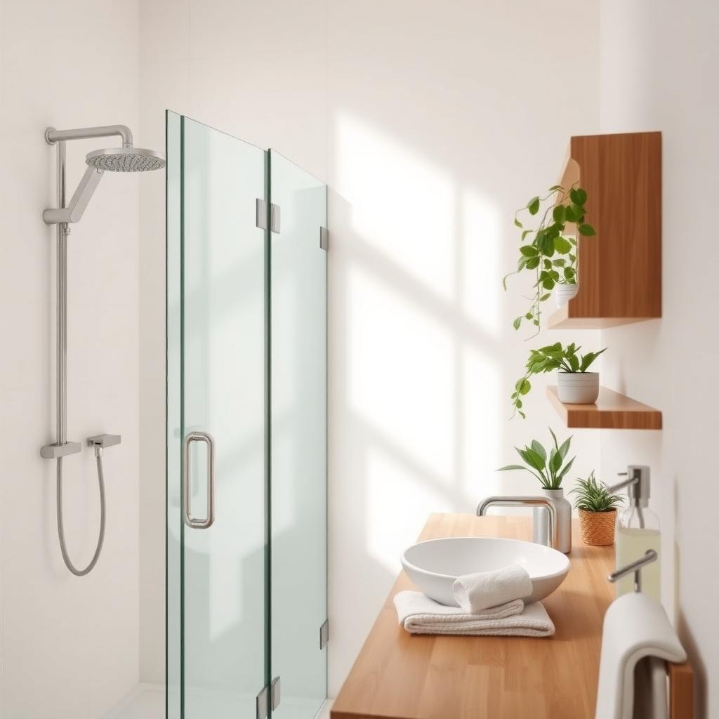Minimalistisches Badezimmer mit wassersparendem Duschkopf, Bambusregalen und nachhaltigen Materialien.