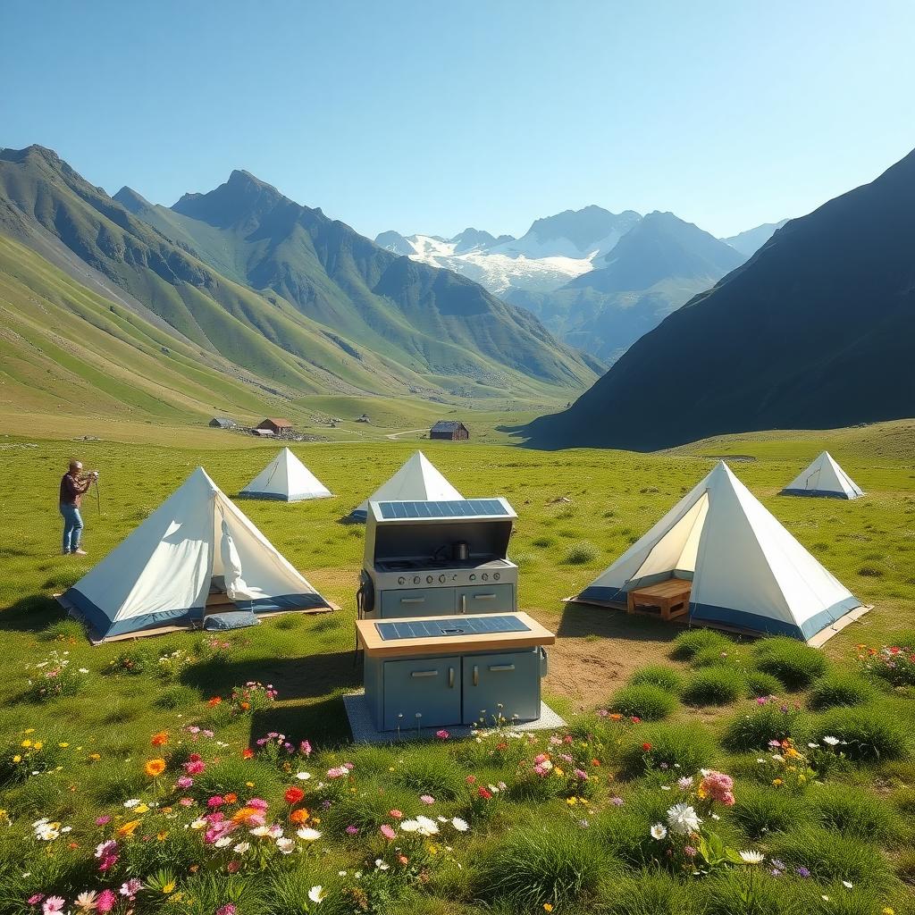 Minimalistisches Öko-Campingplatz mit Zelten in einer Wiese, umgeben von Bergen und einer solarbetriebenen Gemeinschaftsküche.