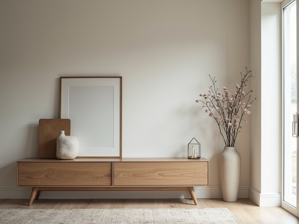 Ein post-minimalistisches Interieur mit einigen sorgfältig ausgewählten dekorativen Gegenständen, das Minimalismus mit persönlichen Akzenten verbindet.