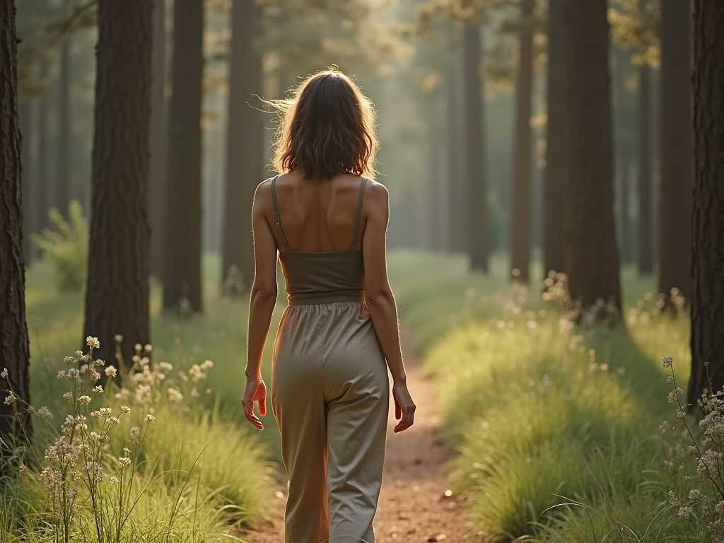 Person in nachhaltiger minimalistischer Kleidung im Wald