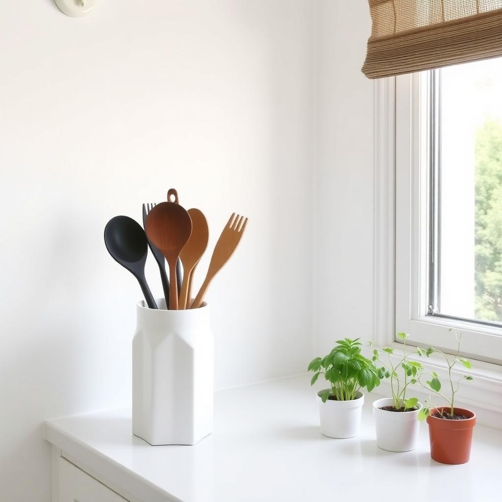 Eine helle, minimalistische Küche mit einer sauberen Arbeitsplatte, wenigen ordentlich arrangierten Küchenutensilien in einem Keramikhalter und einem kleinen Kräutergarten in Töpfen nahe einem sonnigen Fenster.
