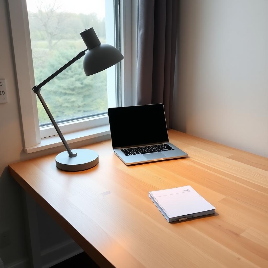 Minimalistischer Arbeitsplatz mit Holzschreibtisch, Laptop und Notizbuch
